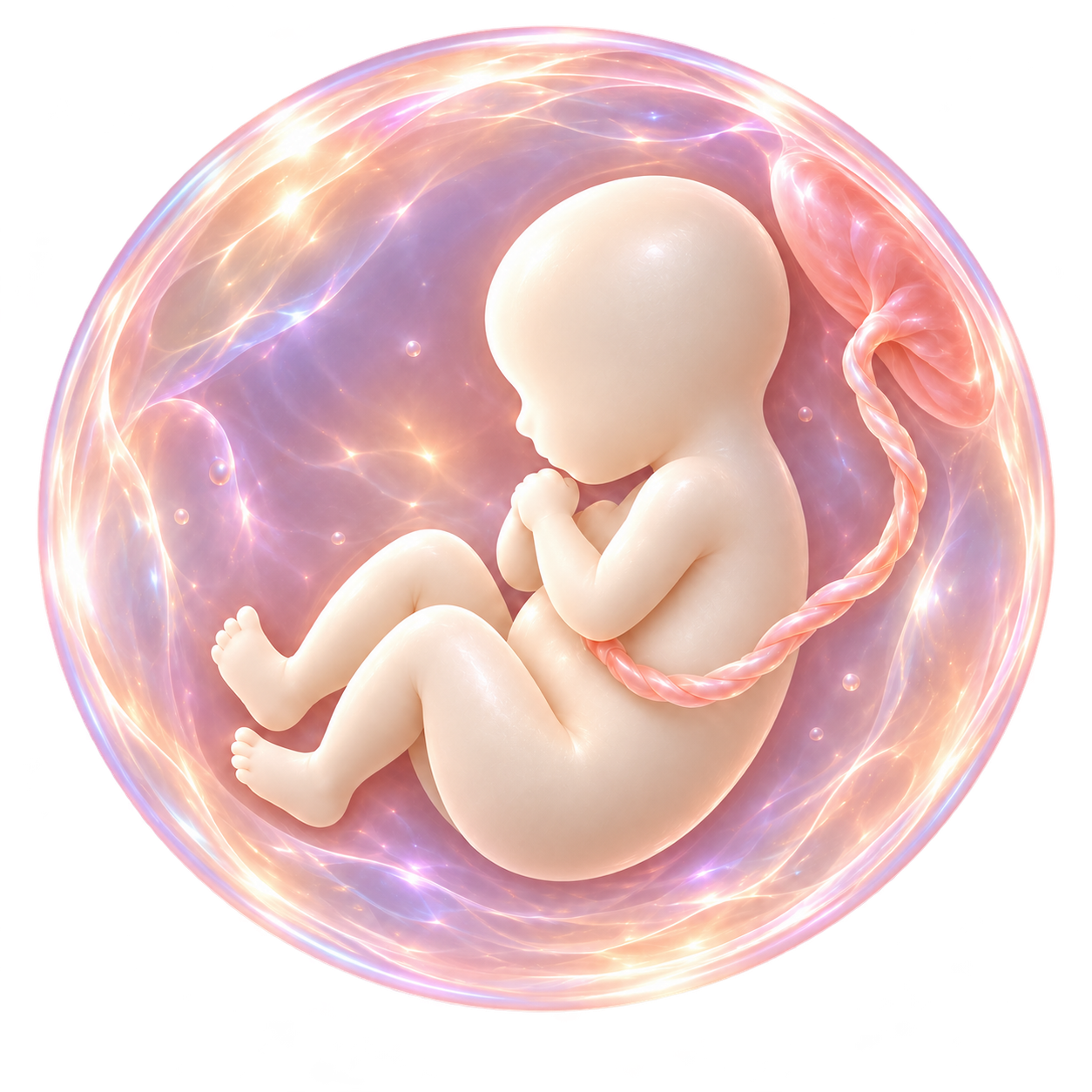 A softly curled, featureless baby connected by an umbilical cord inside a pastel glass womb
