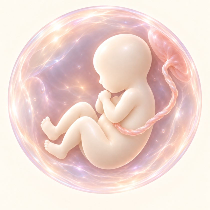 A softly curled, featureless baby connected by an umbilical cord inside a pastel glass womb